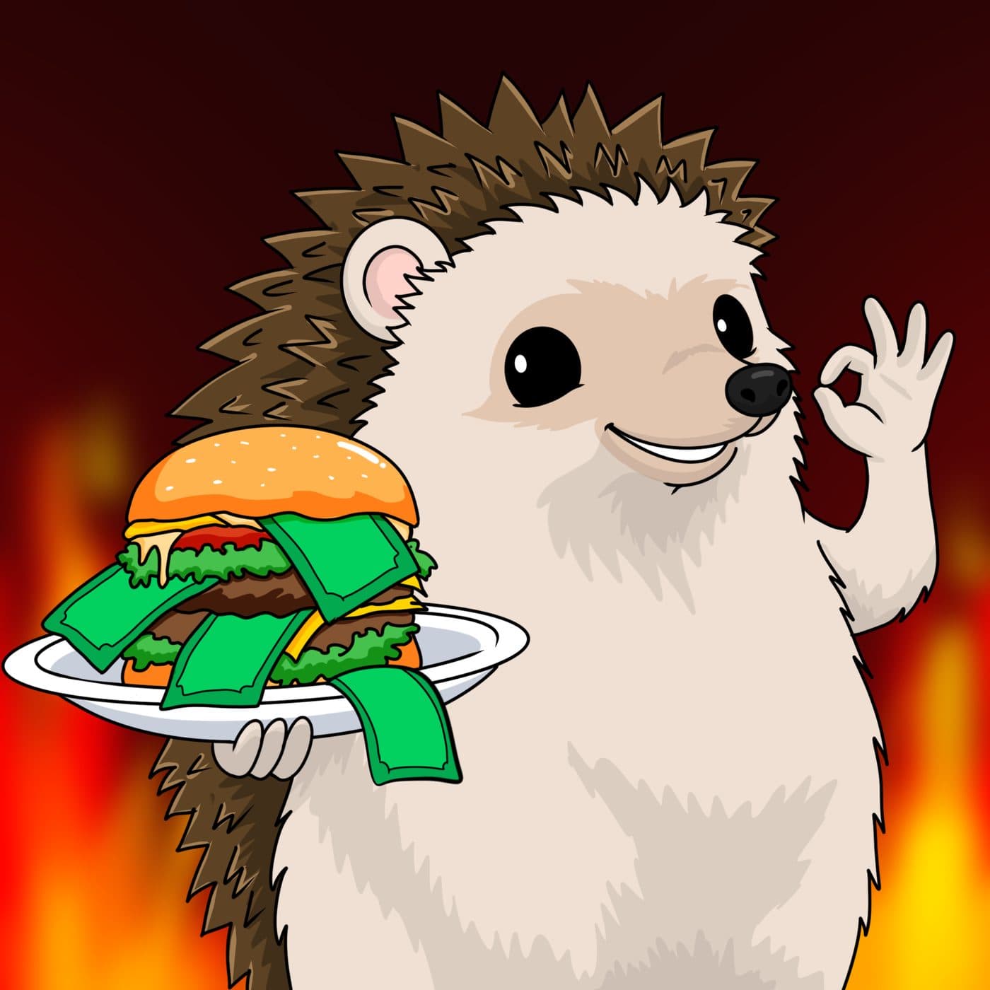 Haha Yes Hedgehog fan art holding a burger stacked with cash