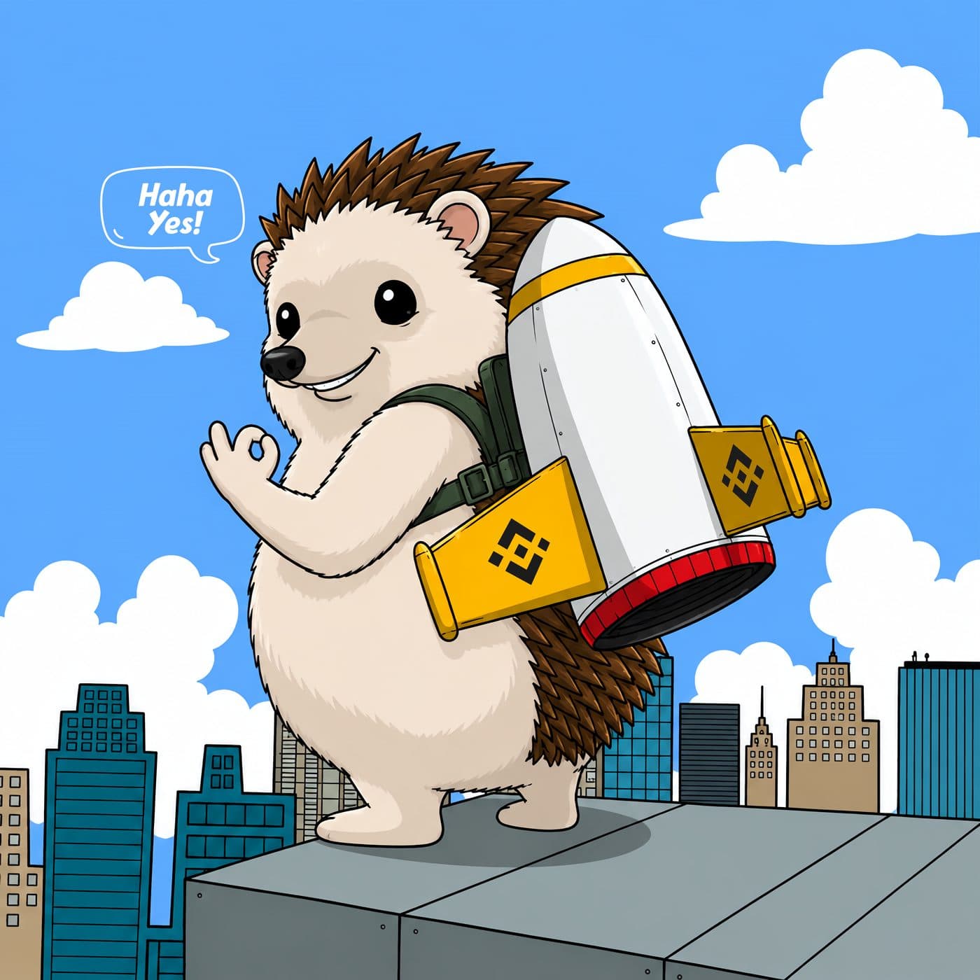 Haha Yes Hedgehog fan art flying with a Binance-branded jetpack over a city skyline
