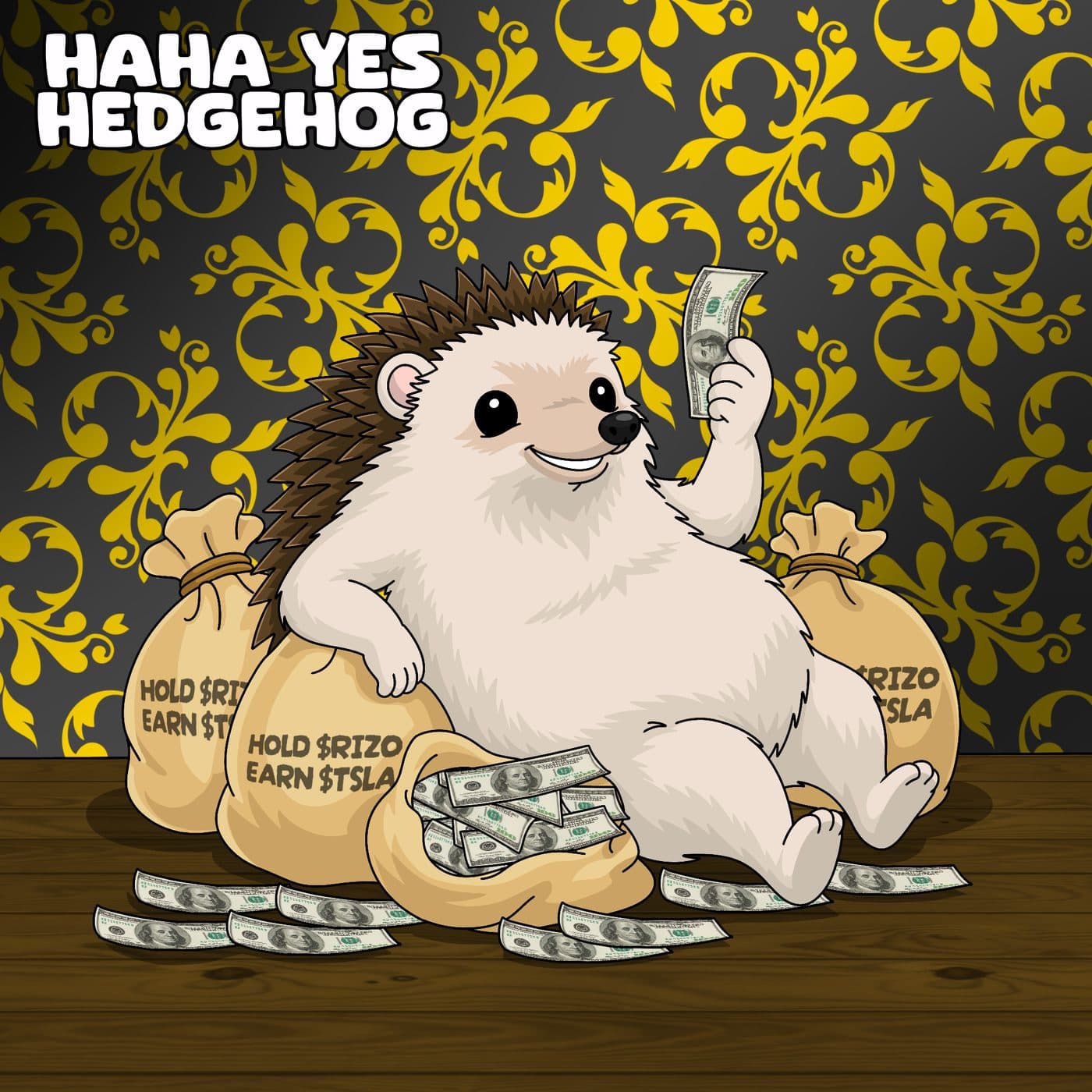 Haha Yes Hedgehog fan art sitting on money bags labeled "Hold $RIZO, Earn $TSLA"
