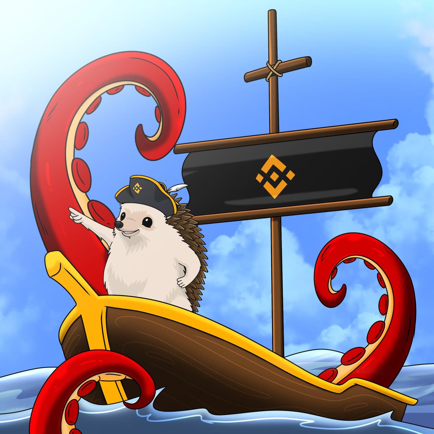 Haha Yes Hedgehog fan art as a pirate captain on a ship flying a Binance-branded flag