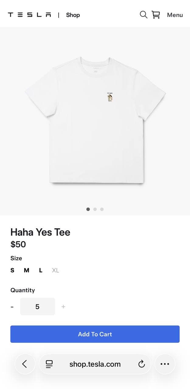 Tesla shop product page for the "Haha Yes Tee" featuring the hedgehog